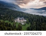 Amazing drone shot of the beautiful Peles Castle and foggy forest around it at sunrise,  Sinaia, Romania.	