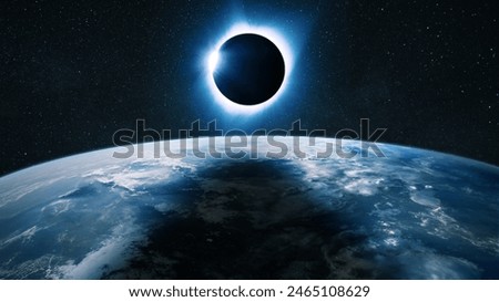 Amazing eclipse from space. Planet Earth with the Moon and a solar eclipse. Solar Eclipse. The moon moving in front of the sun. Creative
