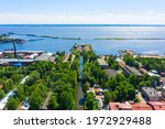 An amazing engineering structure from the time of Emperor Peter. Cross-channel with docks and Petrovsky dock from above. Kronshtadt, Saint Petersburg