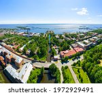 An amazing engineering structure from the time of Emperor Peter. Cross-channel with docks and Petrovsky dock from above. Kronshtadt, Saint Petersburg