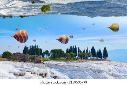 Amazing Fantastic Unreal World, Hot Air Balloons Fly In Blue Sky Between White Pammukale Travertines, Turkey