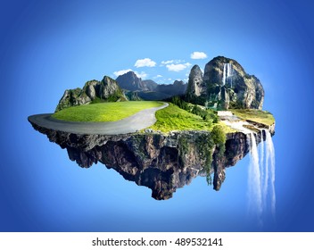 Amazing fantasy scenery with floating islands, water fall and field on blue sky background