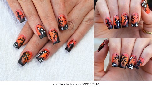 Amazing Free Hand Painted Halloween Nail Art Design