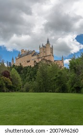 Amazing Front View At The Iconic Spanish Medieval Castle Palace Alcázar Of Segovia