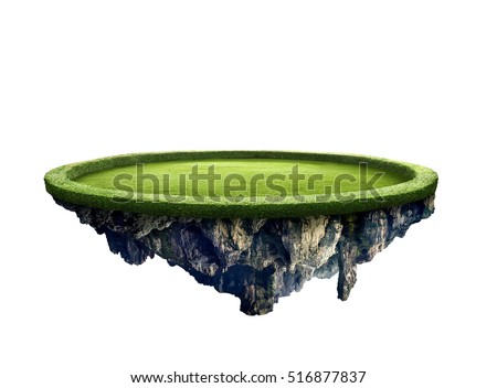 Amazing green field island floating in the air isolated with white background