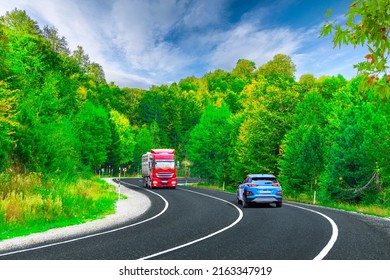 Amazing Highway Landscape In Forest. Beautiful Road View. Red Truck Is Driving On Highway. Cargo Transportation On Highway In Summer. Curvy Road Landscape In Mountain. Uludag Mountain, Bursa, Turkey.