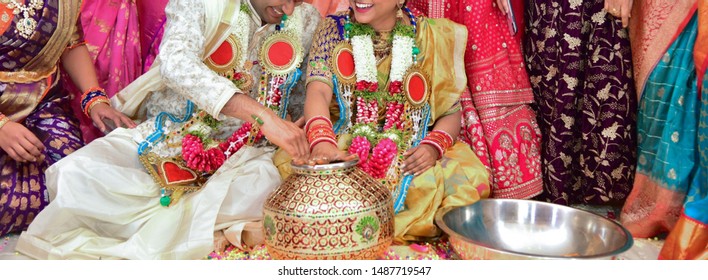 Amazing Hindu wedding ceremony. Details of traditional Indian wedding. Beautifully decorated Hindu wedding accessories. Indian marriage traditions in Karachi - August 2019
