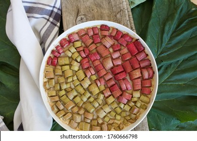 Amazing Homemade Rhubarb Pie Flat Lay Image On Big Leaves