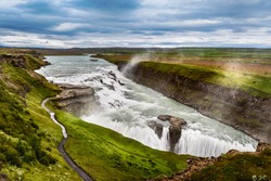 Amazing Huge Beautiful Waterfall Gullfoss, Famous Landmark In Iceland, Selective Focus