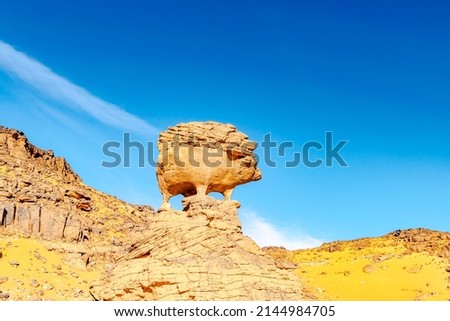 Amazing huge hedgehog naturally shaped rock. Sahara desert of Tadrart Rouge, Djanet, Algeria. With colorful yellow color sand.  Orange rocky mountains and a rock shape of a hedgehog yellow stone.