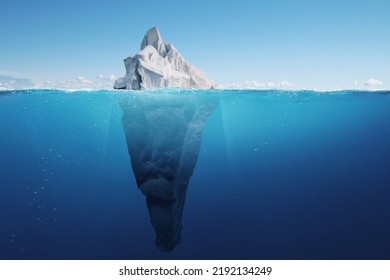Amazing iceberg with a hidden iceberg underwater in the ocean. The tip of the iceberg, a concept. Creative idea of a hidden danger. Global warming and melting glaciers 
