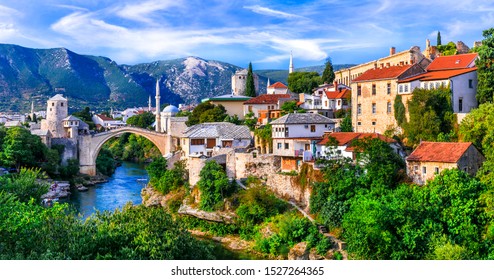 Amazing iconic old town Mostar with famous bridge in Bosnia and Herzegovina, popular tourist destination