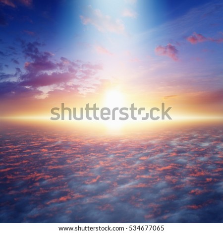 Amazing idyllic background - way to heaven and eternal life, bright light from skies, glowing horizon, pink clouds.