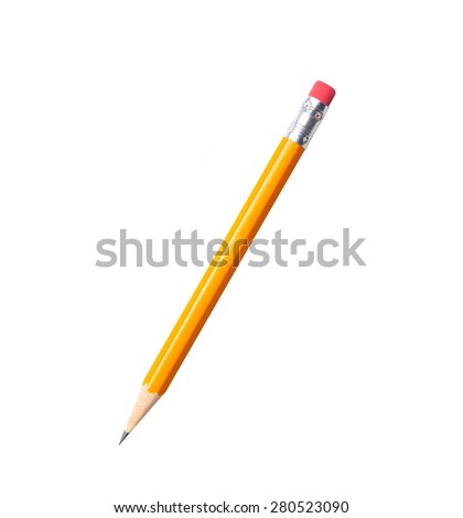 Amazing isolated tilted yellow pencil on pure white background.