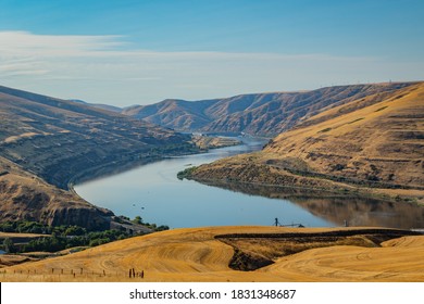 Amazing Landscape -  Big Blue River Among Hills. Eastern Washington