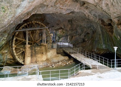 Amazing landscape from the old water mill of the entrance of Aggitis river cave (Maaras Cave). One of the largest and most spectacular river caves in all of Europe. Drama. Macedonia. Northern Greece.