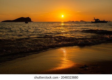 Amazing Landscape Picture With Red Colored Sunset In Ibiza, Spain.