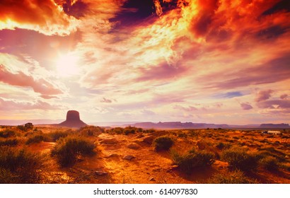 amazing landscape at the sunset at the monument valley national park in arizona USA with cloudy and drama sky