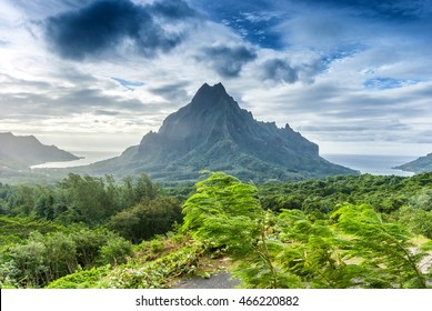 Amazing Landscape Of Tahiti, Polynesia. Mountains, Forest And Ocean.