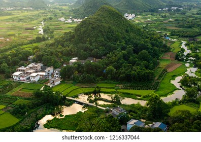 Amazing landscape of Yangshuo rice fields and rocks in China aerial view