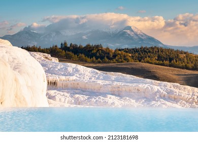 Amazing Light Blue Pamukkale Thermal Pools In Winter Golden Hour - Denizli Turkey. 