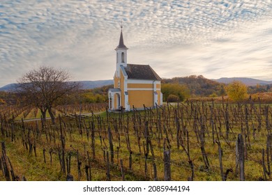 Amazing Little Chapel Near By Lake Balaton In Hungary Next To Lencseitsvand Town. Amazing Autunm Mood With Grape Fields. This Building Name Is Virgin Maria Chapel. Hungarian Name Is Szűz Mária Kápolna