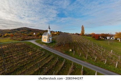 Amazing Little Chapel Near By Lake Balaton In Hungary Next To Lencseitsvand Town. Amazing Autunm Mood With Grape Fields. This Building Name Is Virgin Maria Chapel. Hungarian Name Is Szűz Mária Kápolna