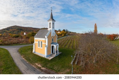 Amazing Little Chapel Near By Lake Balaton In Hungary Next To Lencseitsvand Town. Amazing Autunm Mood With Grape Fields. This Building Name Is Virgin Maria Chapel. Hungarian Name Is Szűz Mária Kápolna