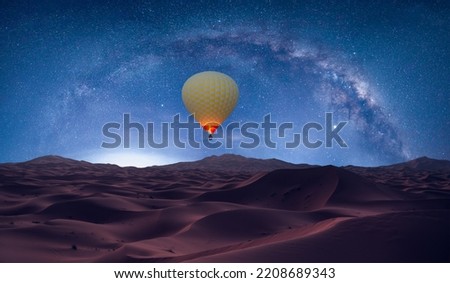 Amazing Milky Way over the sand dunes of Sahara Desert with hot air balloon - Sahara, Morocco Foto stock © 