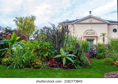 Amazing mixder   or flower bed  of tall perennials in Garden of plants in Paris in fanatstic autumn: yellow and red flowers. Small Part of some building in background - Shutterstock ID 2182773843