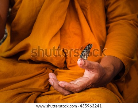 Amazing Monk Relaxing Hand with Butterfly 