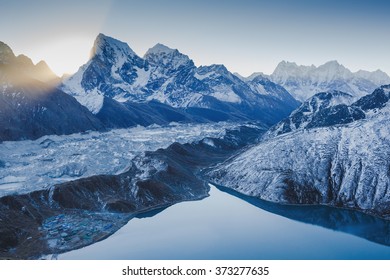 Amazing Morning in Himalayas at sunrise. View from Gokyo Ri, 5360 meters up in the Himalaya Mountains of Nepal
