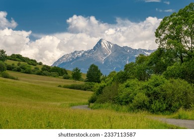 Amazing mountain landscape Krivan peak (2494m) symbol of Slovakia in High Tatras mountains, Slovakia. The beauty of the landscape under the mountain peaks