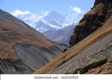 Amazing Mountain Views During Climbing From Base Camp In Thorong Phedi To High Camp Around Thorong La Pass In Himalaya. During Trekking Around Annapurna, Annapurna Circuit