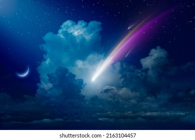Amazing mysterious image – rising crescent moon, falling comets or shooting stars in dark blue sky with clouds. Comet is icy small Solar System body. Elements of this image furnished by NASA. 