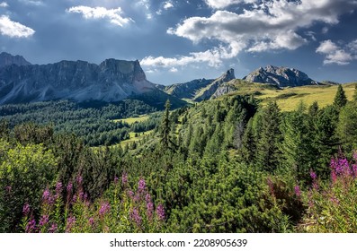 Amazing natural Landscape with blue sky of Dolomites Alps. Passo Giau. Dolomite mountains. italy. Incredible nature scenery. Picture of wild area. Famous alpine place of the world