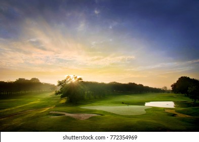 Amazing nature background during sunrise at golf field. Soft focus due to long exposure.