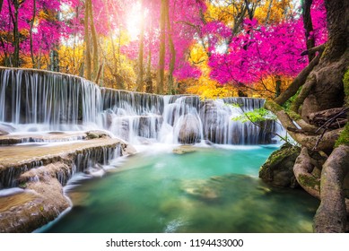 Amazing In Nature, Beautiful Waterfall At Colorful Autumn Forest In Fall Season