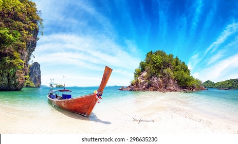 Amazing Nature And Exotic Travel Destination In Thailand. Thai Tourist Boat On White Sand Beach Of Small Tropical Island