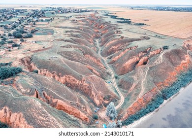 Amazing Nature Landscape, Aerial View, Of Stanislav Clay Mountains, Bizarre Canyon Over The Dnieper River, Outdoor Travel Background, Ukraine, Kherson Grand Canyon