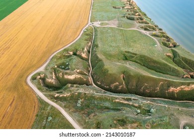 Amazing Nature Landscape, Aerial View, Of Stanislav Clay Mountains, Bizarre Canyon Over The Dnieper River, Outdoor Travel Background, Ukraine, Kherson Grand Canyon