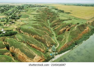 Amazing Nature Landscape, Aerial View, Of Stanislav Clay Mountains, Bizarre Canyon Over The Dnieper River, Outdoor Travel Background, Ukraine, Kherson Grand Canyon