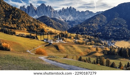 Amazing nature Landscape. Great morning view of Santa Magdalena village and Chiesa di Santa Maddalena church. Colorful autumn scene of Dolomite Alps, Italy, Europe. postcard creative image