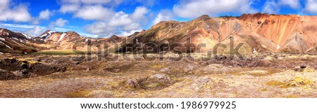 Amazing nature landscape, scenic view of Landmannalaugar colorful volcanic mountains and valley in the Fjallabak nature reserve, Iceland. Outdoor travel background, large panorama