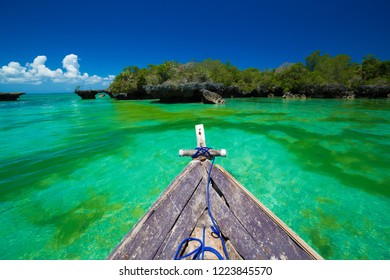 Amazing Nature Landscape. Tropical Blue Sea In Island Zanzibar Tanzania. Luxury Holiday Resort. Beautiful Coral Reef. Boat In Beach Paradise. Great Exotic Panorama. Inspiring Travel Summer. 