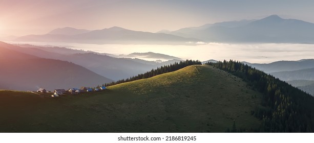 Amazing Nature Landscape. Vivid Nature Scenery, Mountains Hills During Sunset. Picture Of Wild Area. Awesome Nature Background. Concept Of Ideal Resting Place Of Outdoor. Carpathian Mountains. Ukraine