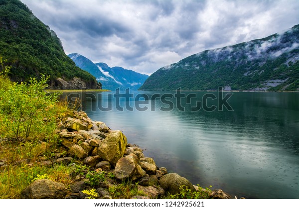 Grøn baggrund blæk Bløde Amazing Nature View Fjord Mountains Beautiful Stock Photo (Edit Now)  1242925621