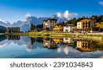 Amazing nature view of Misurina Lake and mountain range. Location: Lake Misurina, Dolomites Alps, South Tyrol, Italy, Europe. Artistic picture. Beauty world. Nature Landscape.