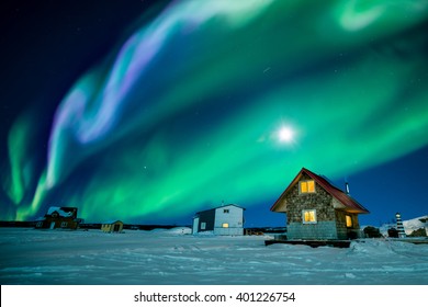 An amazing night display colorful aurora borealis at Great Slave Lake