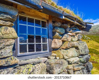 Amazing Old Stone House At Vavatn Landscape Panorama View With Mountains With Snow During Summer In Hemsedal Norway.